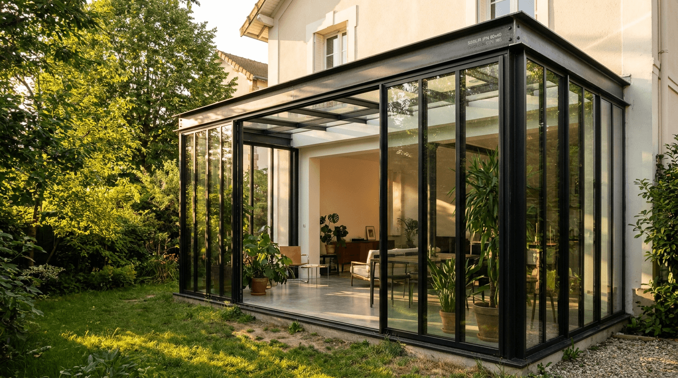 Véranda extension acier S235JR IPN 80x40 + vitrage Cool-Lite SKN 165 RE2020 — Montreuil (Seine-Saint-Denis 93, loft artiste) — AZ Construction Bruyères-sur-Oise — RE2020 + DTU 39