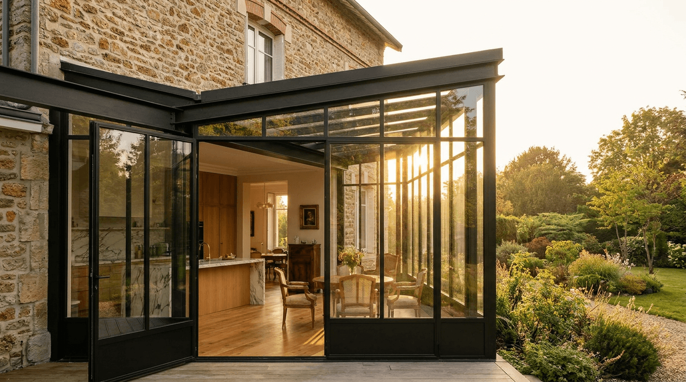 Véranda extension acier S235JR IPN 80x40 + vitrage Cool-Lite SKN 165 RE2020 — Yerres (Essonne 91, villa Caillebotte impressionniste) — AZ Construction Bruyères-sur-Oise — RE2020 + DTU 39