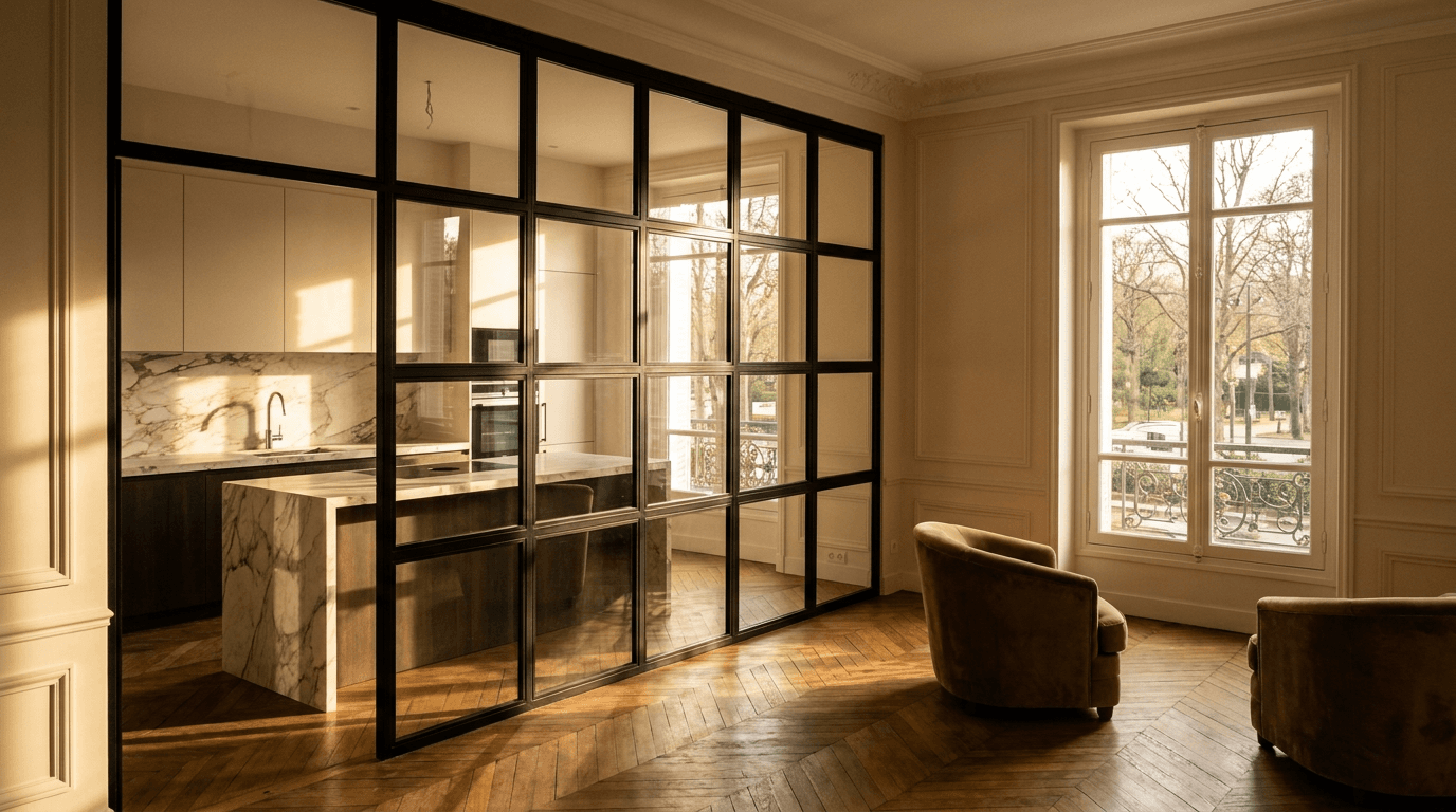 Verrière atelier acier S235JR thermolaqué noir mat RAL 9005 + verre clair trempé 6mm grille 4x6 — Neuilly-sur-Seine (Hauts-de-Seine 92, Haussmannien Bois de Boulogne) — AZ Construction Bruyères-sur-Oise — Soudure TIG niveau pro