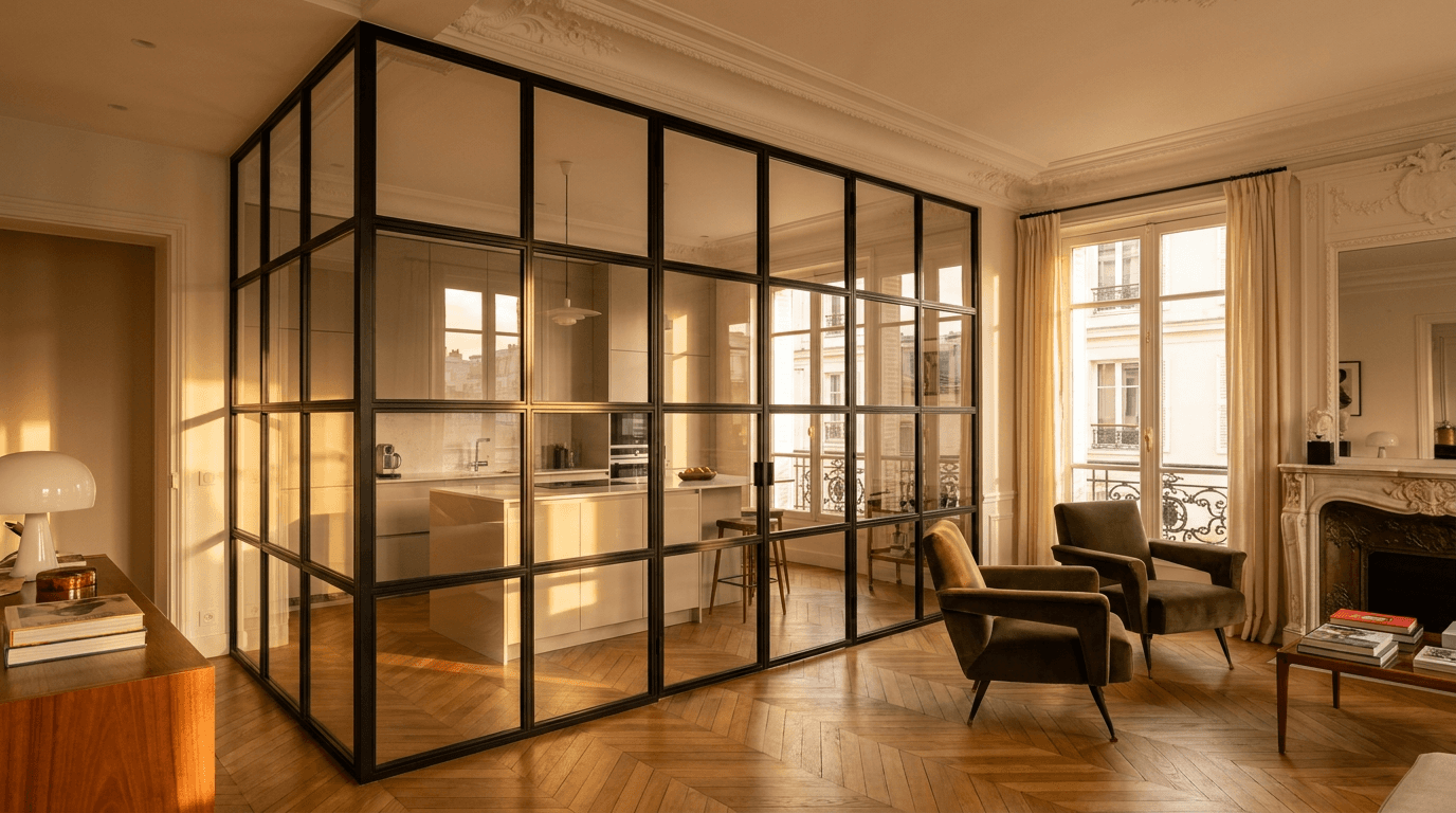 Verrière atelier acier S235JR thermolaqué noir mat RAL 9005 + verre clair trempé 6mm grille 4x6 — Levallois-Perret (Hauts-de-Seine 92, Haussmannien rénové) — AZ Construction Bruyères-sur-Oise — Soudure TIG niveau pro