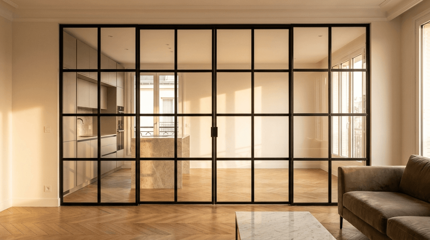 Verrière atelier acier S235JR thermolaqué noir mat RAL 9005 + verre clair trempé 6mm grille 4x6 — Issy-les-Moulineaux (Hauts-de-Seine 92, contemporain) — AZ Construction Bruyères-sur-Oise — Soudure TIG niveau pro