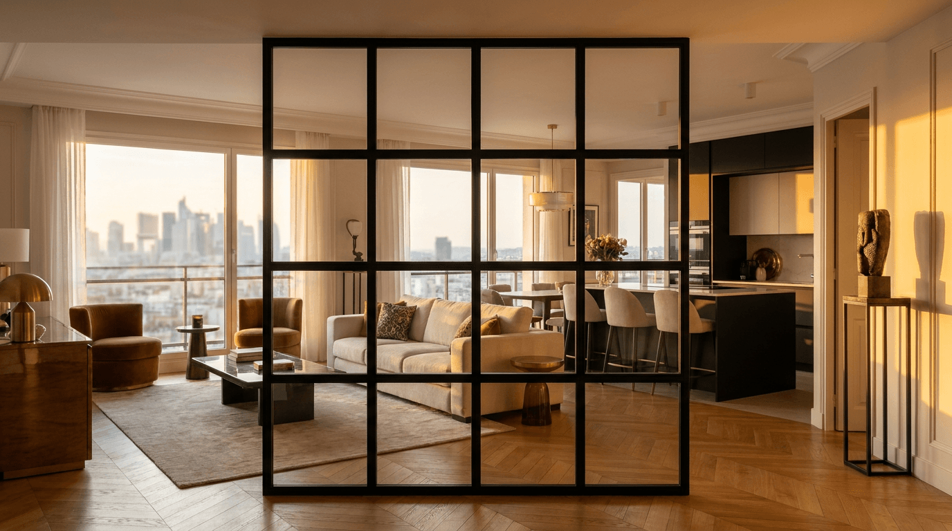 Verrière atelier acier S235JR thermolaqué noir mat RAL 9005 + verre clair trempé 6mm grille 4x6 — Courbevoie (Hauts-de-Seine 92, Art Déco La Défense) — AZ Construction Bruyères-sur-Oise — Soudure TIG niveau pro