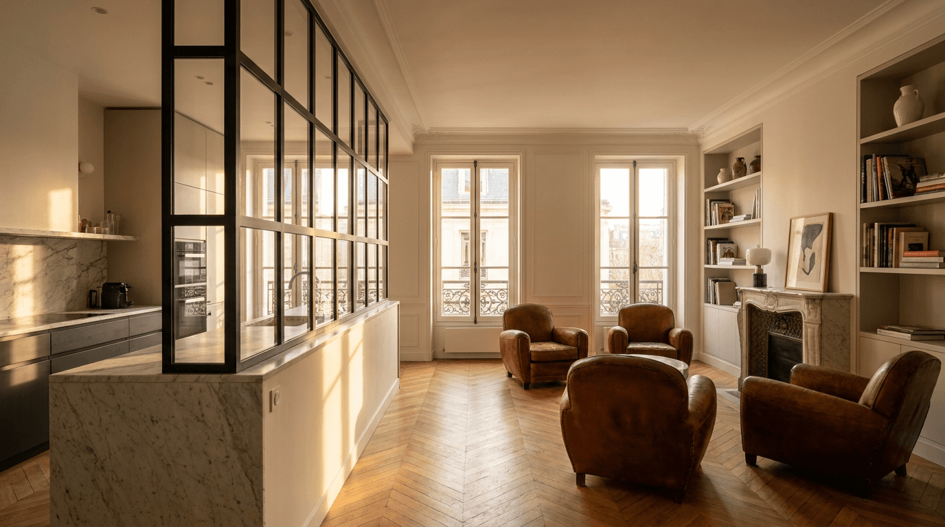 Verrière atelier acier S235JR thermolaqué noir mat RAL 9005 + verre clair trempé 6mm grille 4x6 — Saint-Cloud (Hauts-de-Seine 92, villa parc) — AZ Construction Bruyères-sur-Oise — Soudure TIG niveau pro