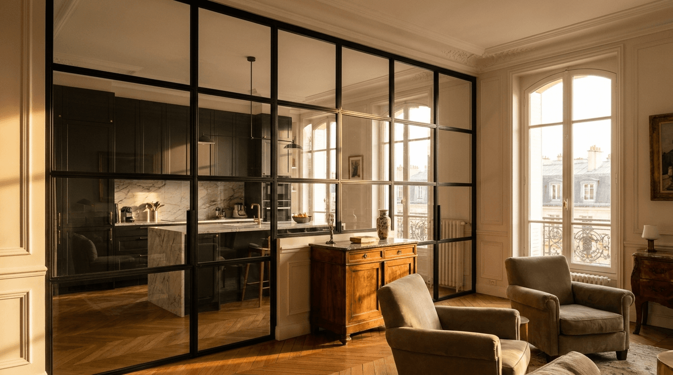 Verrière atelier acier S235JR thermolaqué noir mat RAL 9005 + verre clair trempé 6mm grille 4x6 — Saint-Germain-en-Laye (Yvelines 78, hôtel particulier Château) — AZ Construction Bruyères-sur-Oise — Soudure TIG niveau pro