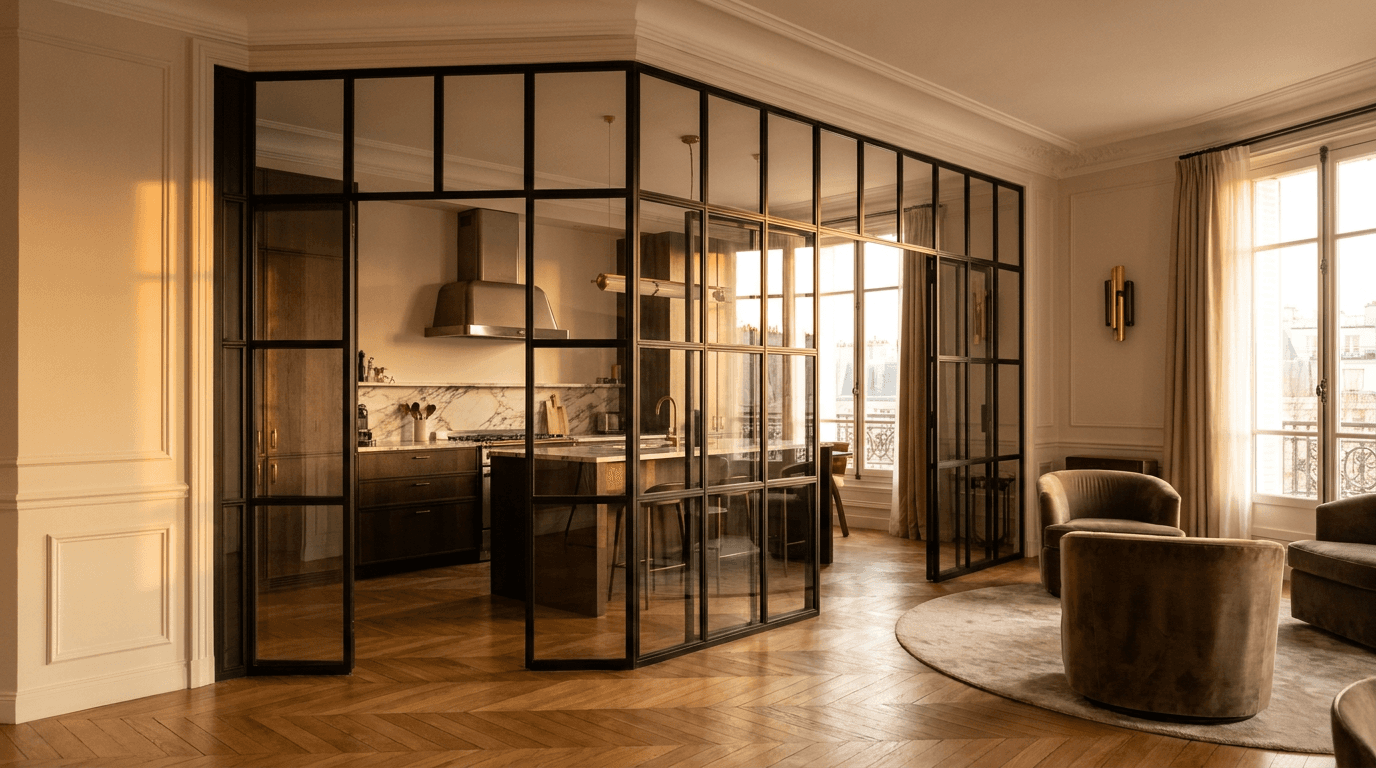 Verrière atelier acier S235JR thermolaqué noir mat RAL 9005 + verre clair trempé 6mm grille 4x6 — Pontoise (Val-d’Oise 95, maison proche cathédrale Saint-Maclou) — AZ Construction Bruyères-sur-Oise — Soudure TIG niveau pro