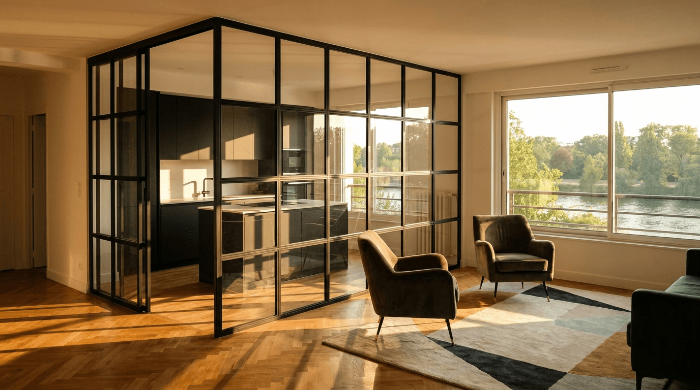 Verrière atelier acier S235JR thermolaqué noir mat RAL 9005 + verre clair trempé 6mm grille 4x6 — Saint-Maur-des-Fossés (Val-de-Marne 94, Art Déco Marne) — AZ Construction Bruyères-sur-Oise — Soudure TIG niveau pro