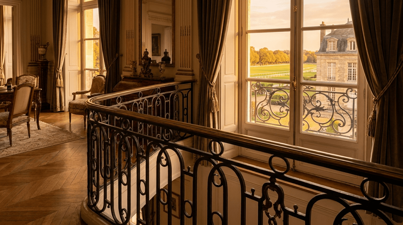 Garde-corps acier S235JR T 40×40 picots + main courante laiton patine bronze — Rambouillet (Yvelines 78, mansion proche Château) — AZ Construction Bruyères-sur-Oise — NF P01-012