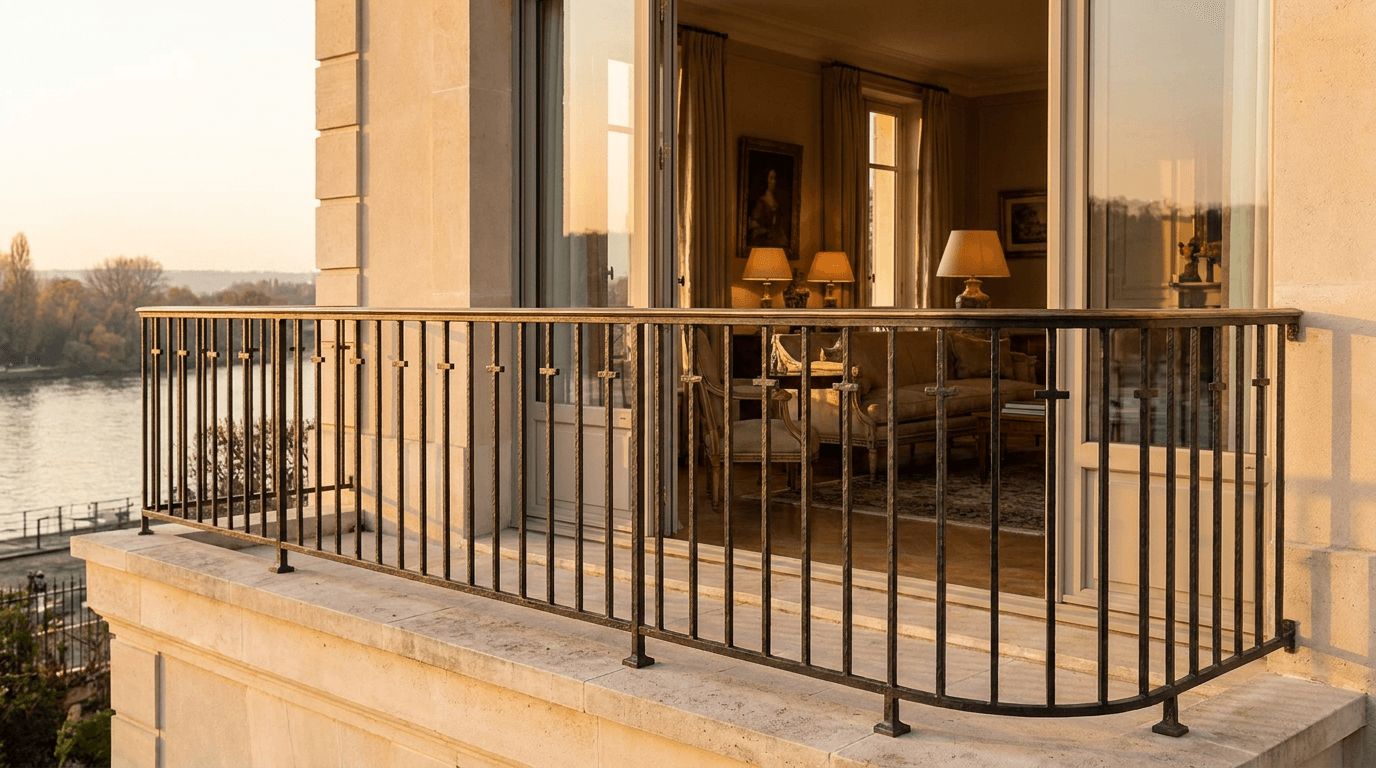 Garde-corps acier S235JR T 40×40 picots + main courante laiton patine bronze — Conflans-Sainte-Honorine (Yvelines 78, bord Seine/Oise) — AZ Construction Bruyères-sur-Oise — NF P01-012