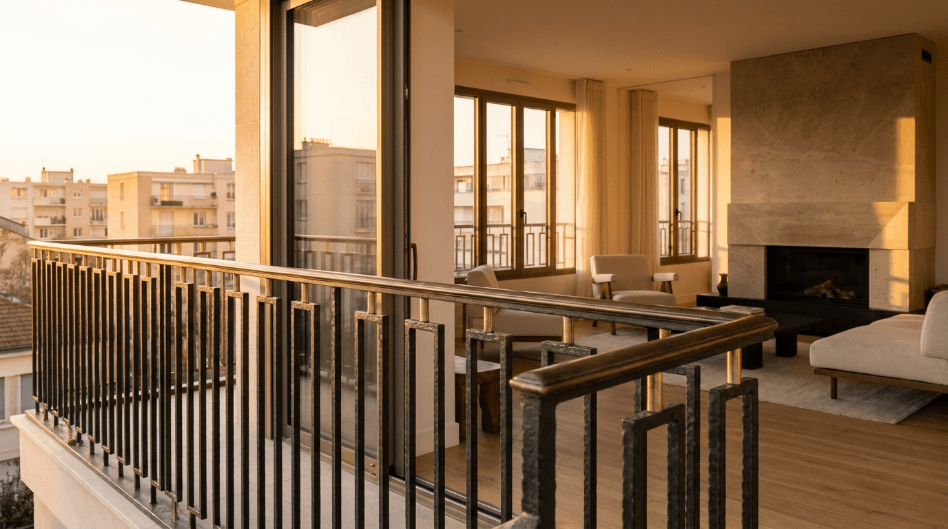 Garde-corps acier S235JR T 40×40 picots + main courante laiton patine bronze — Élancourt (Yvelines 78, apt rénové) — AZ Construction Bruyères-sur-Oise — NF P01-012