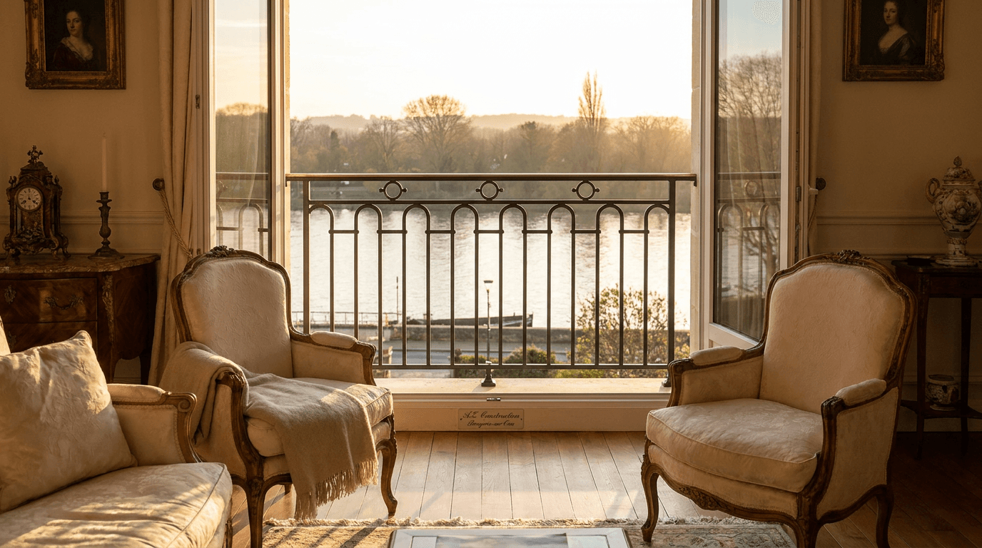Garde-corps acier S235JR T 40×40 picots + main courante laiton patine bronze — Carrières-sur-Seine (Yvelines 78, villa bord Seine) — AZ Construction Bruyères-sur-Oise — NF P01-012