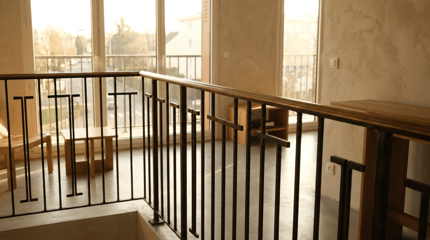 Garde-corps acier S235JR T 40×40 picots + main courante laiton patine bronze — Chambourcy (Yvelines 78, villa rénovée) — AZ Construction Bruyères-sur-Oise — NF P01-012