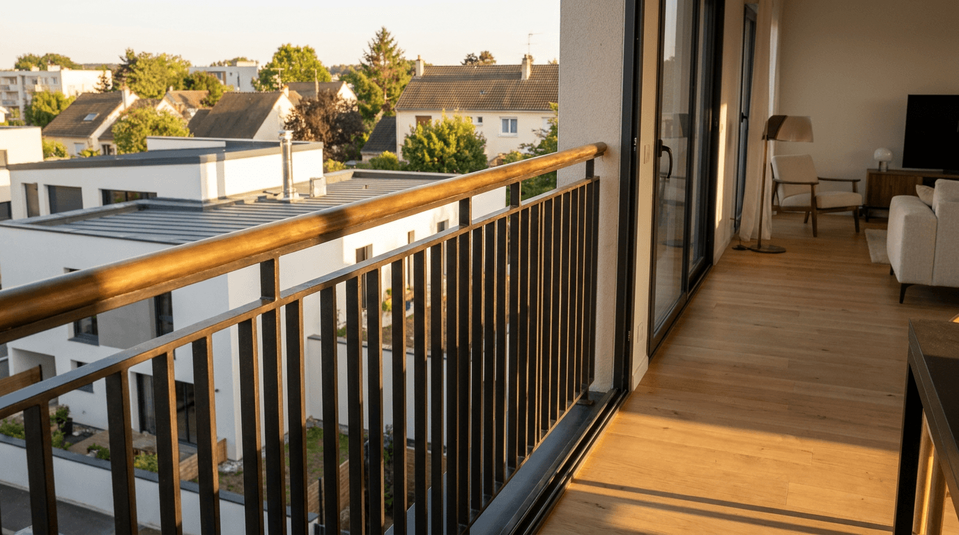 Garde-corps acier S235JR T 40×40 picots + main courante laiton patine bronze — Évry-Courcouronnes (Essonne 91) — AZ Construction Bruyères-sur-Oise — NF P01-012