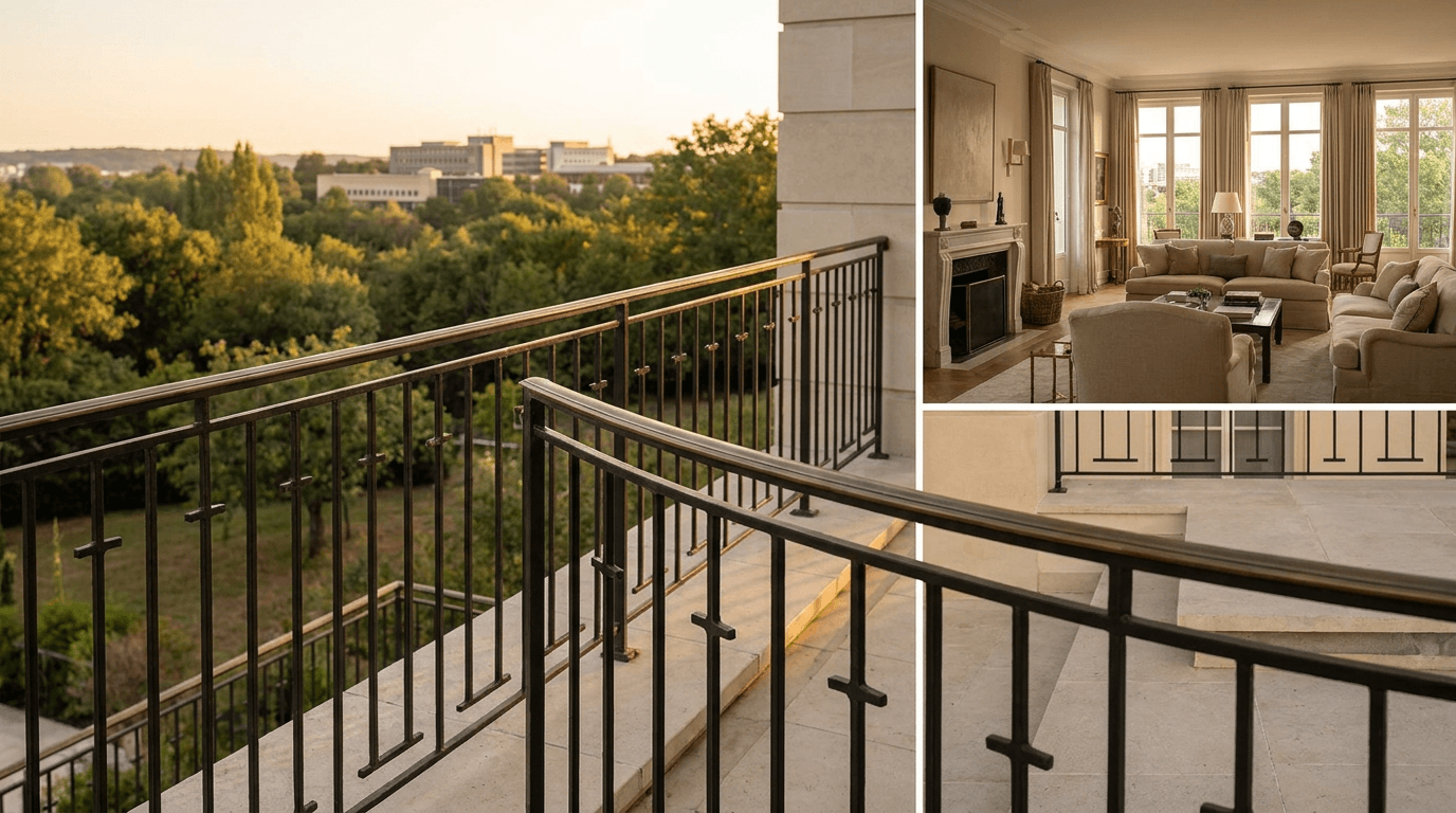Garde-corps acier S235JR T 40×40 picots + main courante laiton patine bronze — Palaiseau (Essonne 91, villa proche École polytechnique) — AZ Construction Bruyères-sur-Oise — NF P01-012