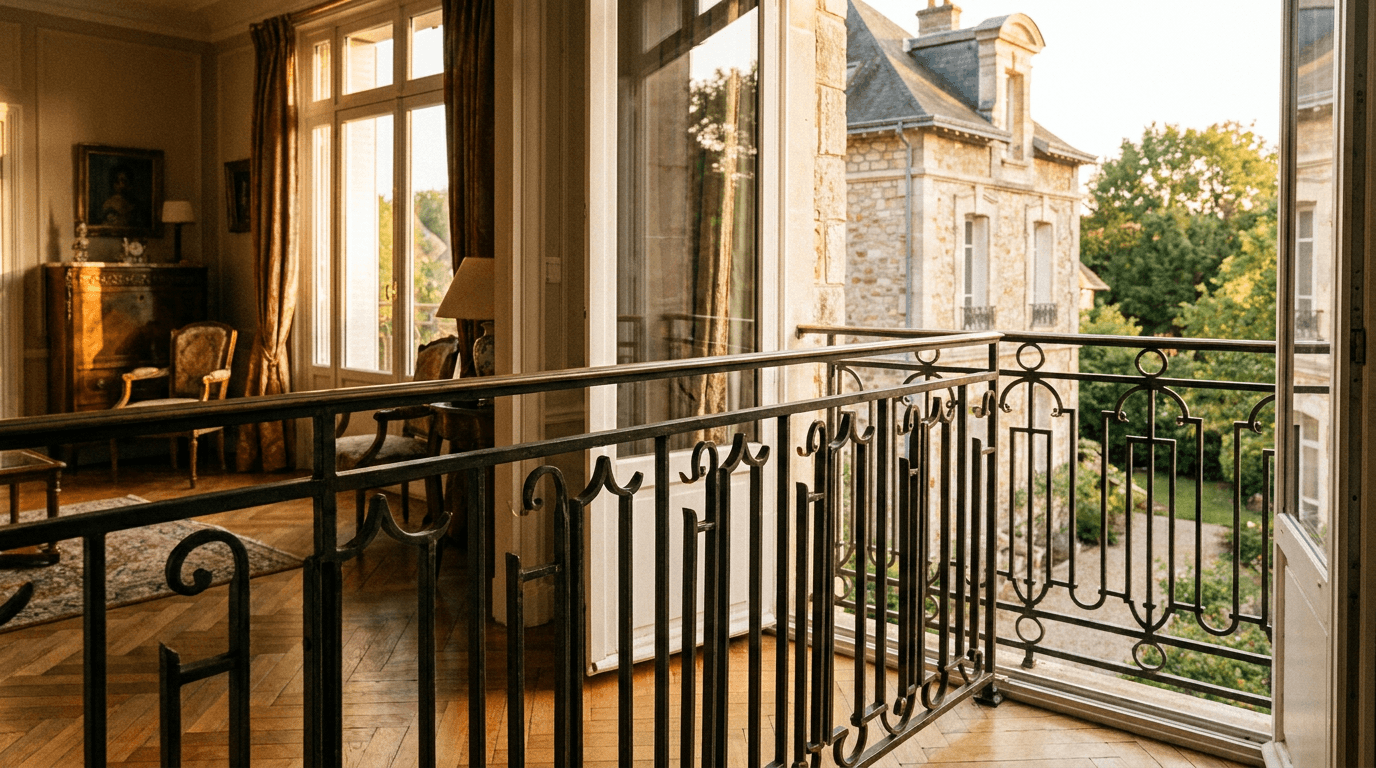 Garde-corps acier S235JR T 40×40 picots + main courante laiton patine bronze — Brunoy (Essonne 91, Belle Époque villa proche Yerres) — AZ Construction Bruyères-sur-Oise — NF P01-012