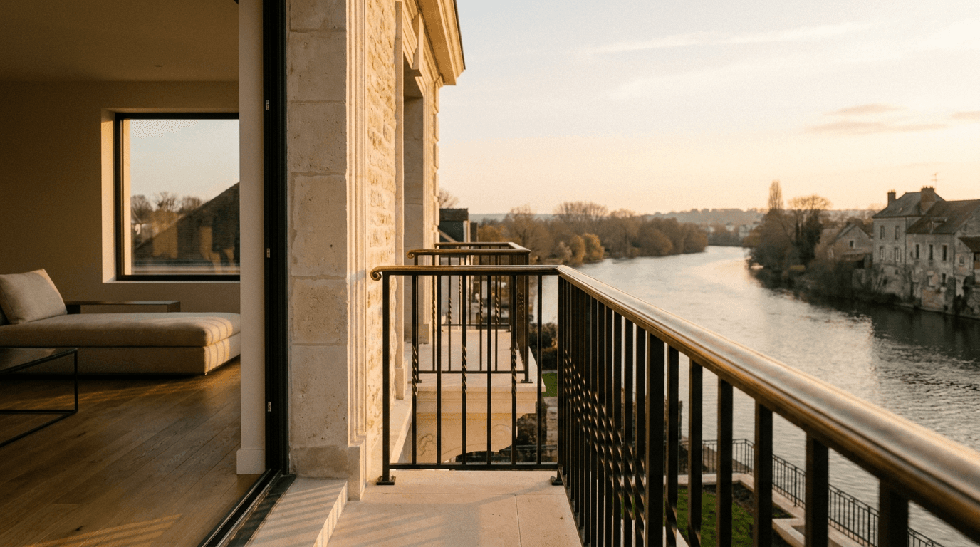 Garde-corps acier S235JR T 40×40 picots + main courante laiton patine bronze — Corbeil-Essonnes (Essonne 91, maison bord Seine) — AZ Construction Bruyères-sur-Oise — NF P01-012