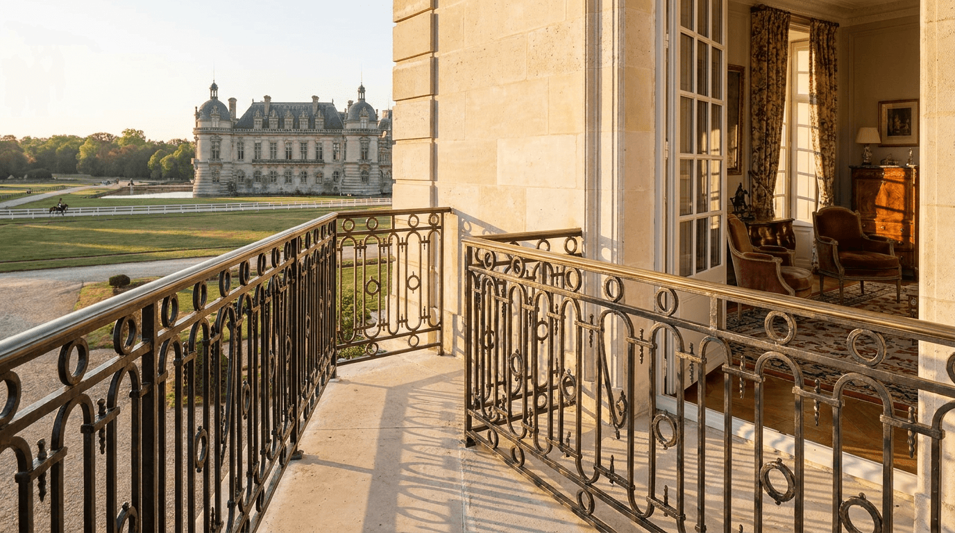 Garde-corps acier S235JR T 40×40 picots + main courante laiton patine bronze — Chantilly (Oise 60, hôtel particulier proche Château hippodrome) — AZ Construction Bruyères-sur-Oise — NF P01-012