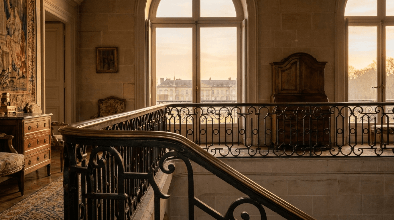 Garde-corps acier S235JR T 40×40 picots + main courante laiton patine bronze — Compiègne (Oise 60, hôtel particulier proche Château) — AZ Construction Bruyères-sur-Oise — NF P01-012