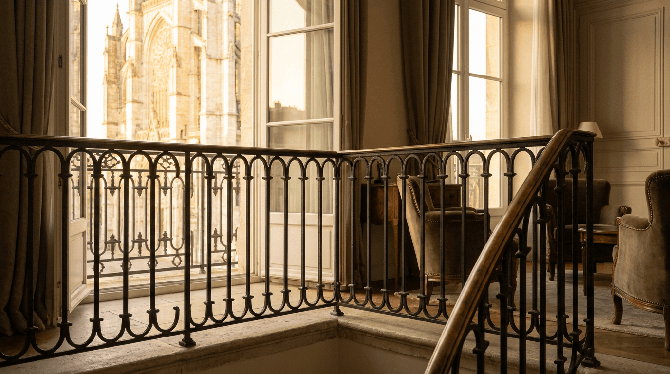 Garde-corps acier S235JR T 40×40 picots + main courante laiton patine bronze — Beauvais (Oise 60, maison proche cathédrale Saint-Pierre) — AZ Construction Bruyères-sur-Oise — NF P01-012