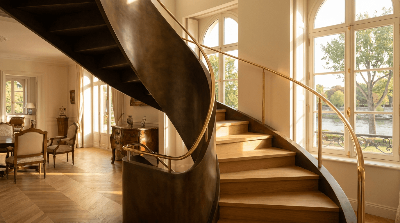 Escalier acier S235JR limon central patine bronze + marches chêne massif point de Hongrie + main courante laiton — Croissy-sur-Seine (Yvelines 78, villa bord Seine) — AZ Construction Bruyères-sur-Oise — DTU 36.3