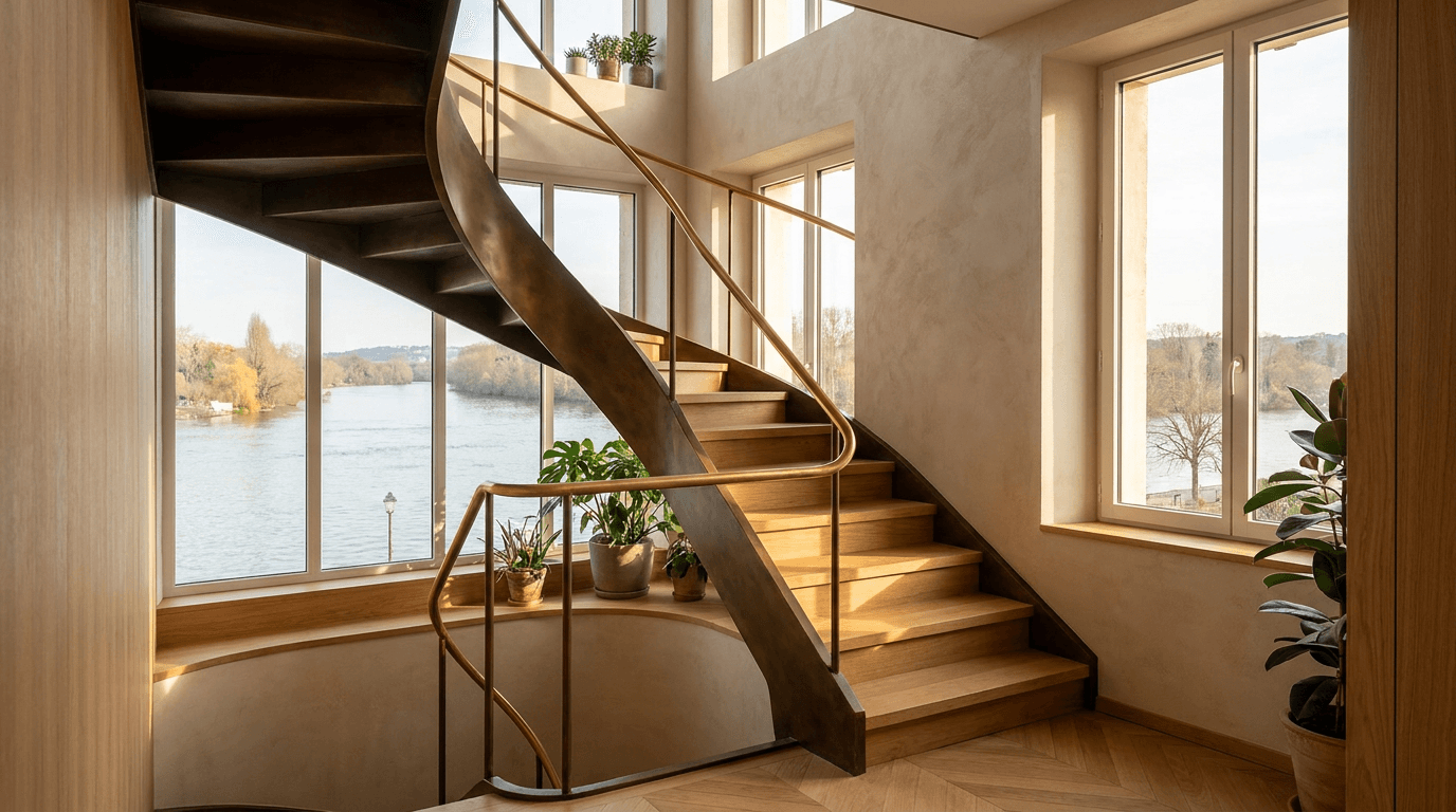 Escalier acier S235JR limon central patine bronze + marches chêne massif point de Hongrie + main courante laiton — Conflans-Sainte-Honorine (Yvelines 78, bord Seine/Oise) — AZ Construction Bruyères-sur-Oise — DTU 36.3