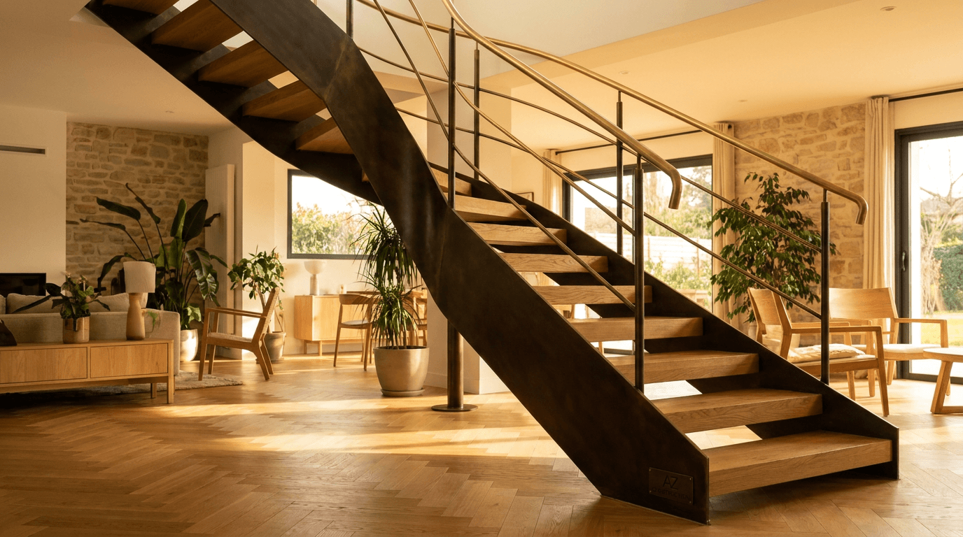 Escalier acier S235JR limon central patine bronze + marches chêne massif point de Hongrie + main courante laiton — Andresy (Yvelines 78, villa rénovée) — AZ Construction Bruyères-sur-Oise — DTU 36.3