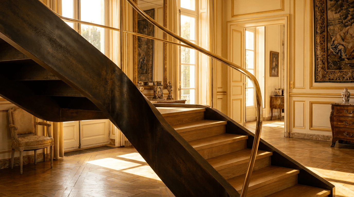 Escalier acier S235JR limon central patine bronze + marches chêne massif parquet versailles + main courante laiton — Bois-d'Arcy (Yvelines 78, proche Versailles) — AZ Construction Bruyères-sur-Oise — DTU 36.3