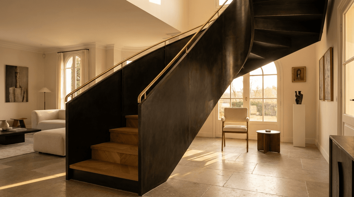 Escalier acier S235JR limon central patine bronze + marches chêne massif point de Hongrie + main courante laiton — Chambourcy (Yvelines 78, villa rénovée) — AZ Construction Bruyères-sur-Oise — DTU 36.3