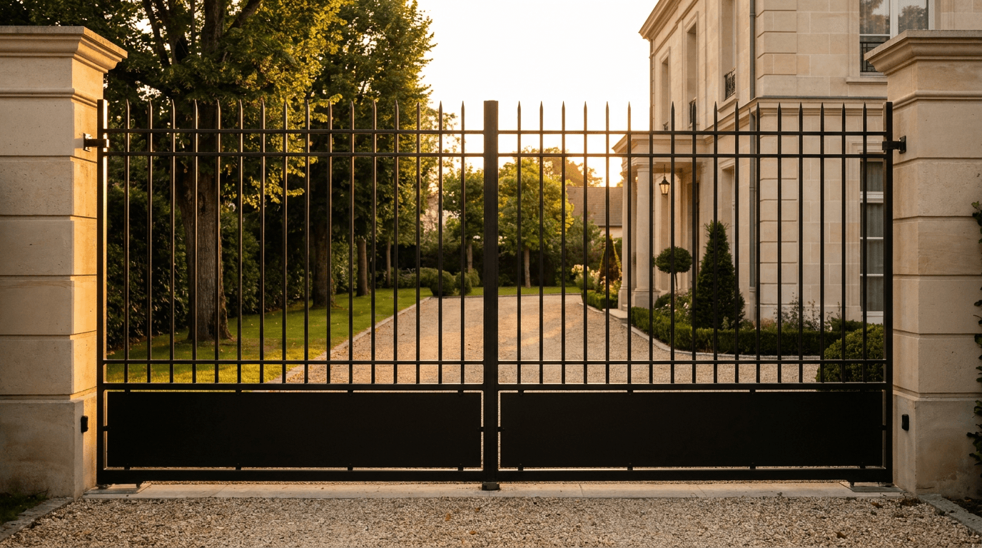 Portail acier S235JR galvanisé + thermolaqué Qualicoat noir RAL 9005 double battant — Rueil-Malmaison (Hauts-de-Seine 92, villa prestigieuse) — AZ Construction Bruyères-sur-Oise — DTU 34.1