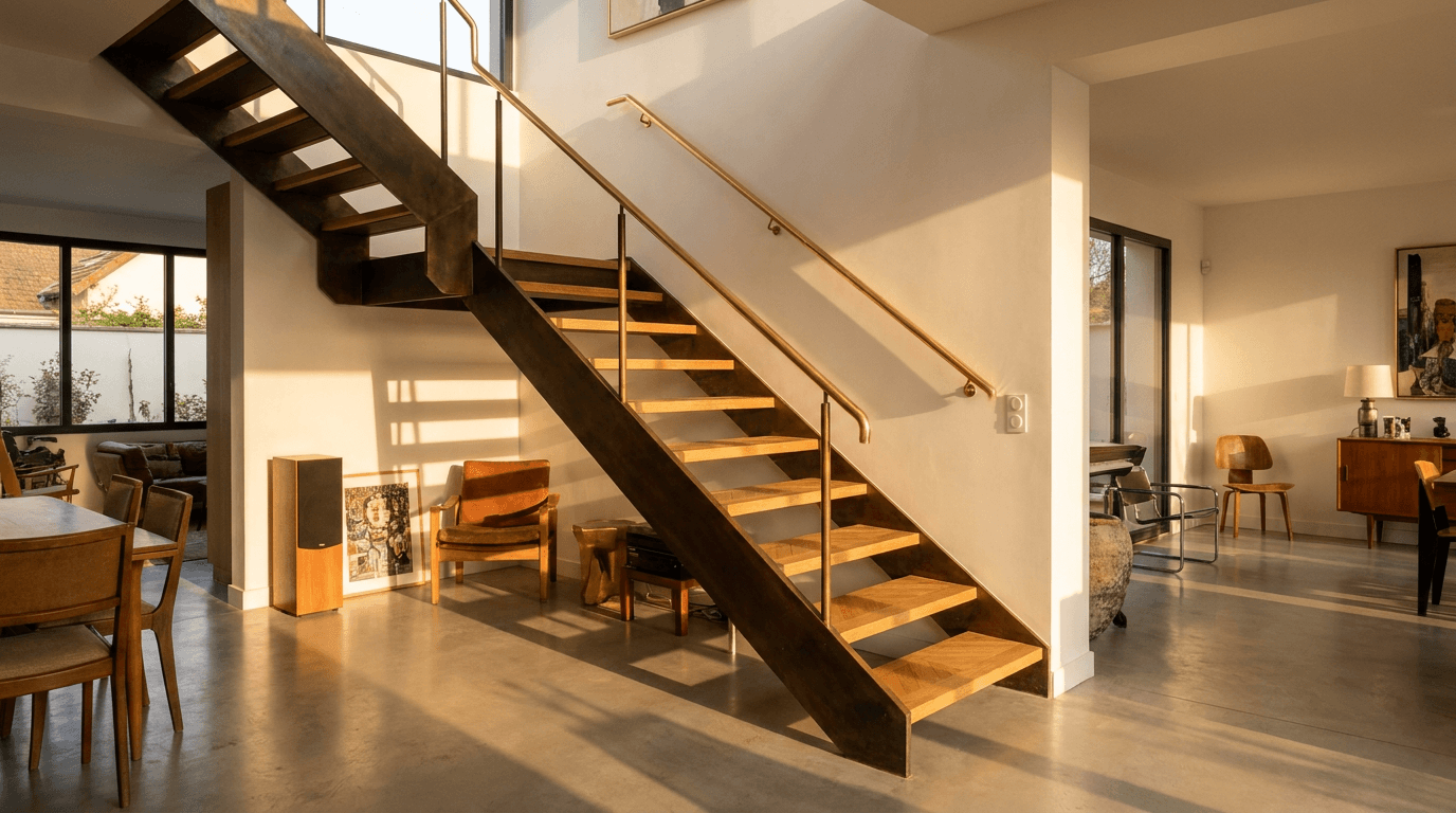 Escalier acier S235JR limon central patine bronze + marches chêne massif point de Hongrie + main courante laiton — Épinay-sur-Seine (Seine-Saint-Denis 93, maison rénovée) — AZ Construction Bruyères-sur-Oise — DTU 36.3