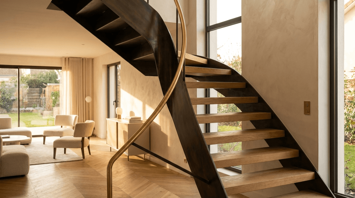Escalier acier S235JR limon central patine bronze + marches chêne massif point de Hongrie + main courante laiton — Aulnay-sous-Bois (Seine-Saint-Denis 93, maison rénovée) — AZ Construction Bruyères-sur-Oise — DTU 36.3