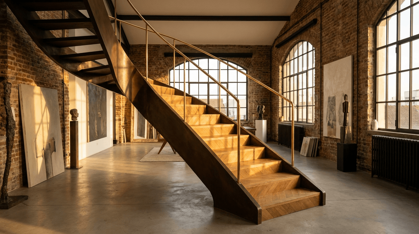 Escalier acier S235JR limon central patine bronze + marches chêne massif point de Hongrie + main courante laiton — Romainville (Seine-Saint-Denis 93, loft artiste) — AZ Construction Bruyères-sur-Oise — DTU 36.3