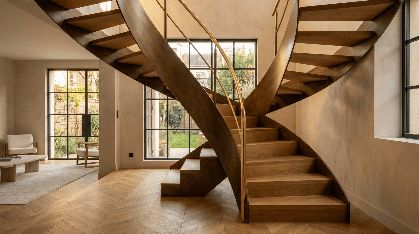 Escalier acier S235JR limon central patine bronze + marches chêne massif point de Hongrie + main courante laiton — Livry-Gargan (Seine-Saint-Denis 93, maison rénovée) — AZ Construction Bruyères-sur-Oise — DTU 36.3