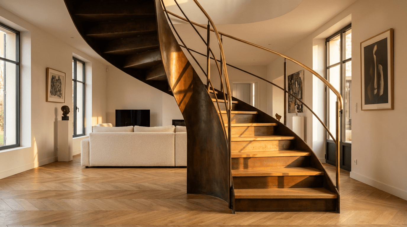 Escalier acier S235JR limon central patine bronze + marches chêne massif point de Hongrie + main courante laiton — Franconville (Val-d’Oise 95, maison rénovée) — AZ Construction Bruyères-sur-Oise — DTU 36.3