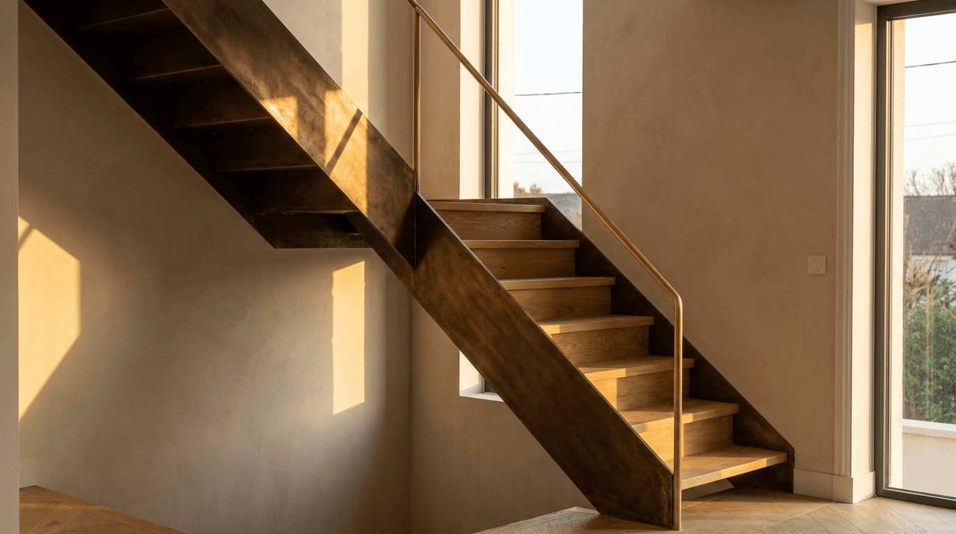 Escalier acier S235JR limon central patine bronze + marches chêne massif point de Hongrie + main courante laiton — Domont (Val-d’Oise 95, maison rénovée) — AZ Construction Bruyères-sur-Oise — DTU 36.3