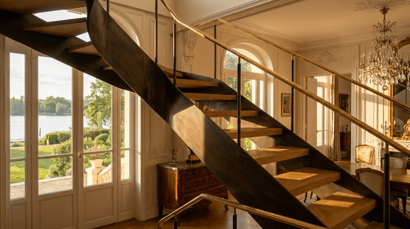 Escalier acier S235JR limon central patine bronze + marches chêne massif parquet versailles + main courante laiton — Enghien-les-Bains (Val-d’Oise 95, villa Belle Époque proche lac thermal) — AZ Construction Bruyères-sur-Oise — DTU 36.3