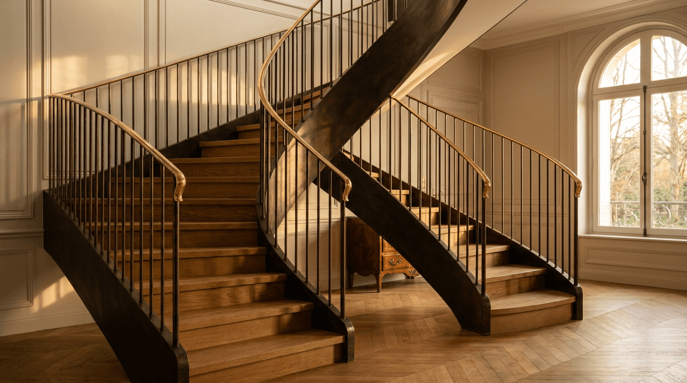 Escalier acier S235JR limon central patine bronze + marches chêne massif point de Hongrie + main courante laiton — Eaubonne (Val-d’Oise 95, villa rénovée) — AZ Construction Bruyères-sur-Oise — DTU 36.3