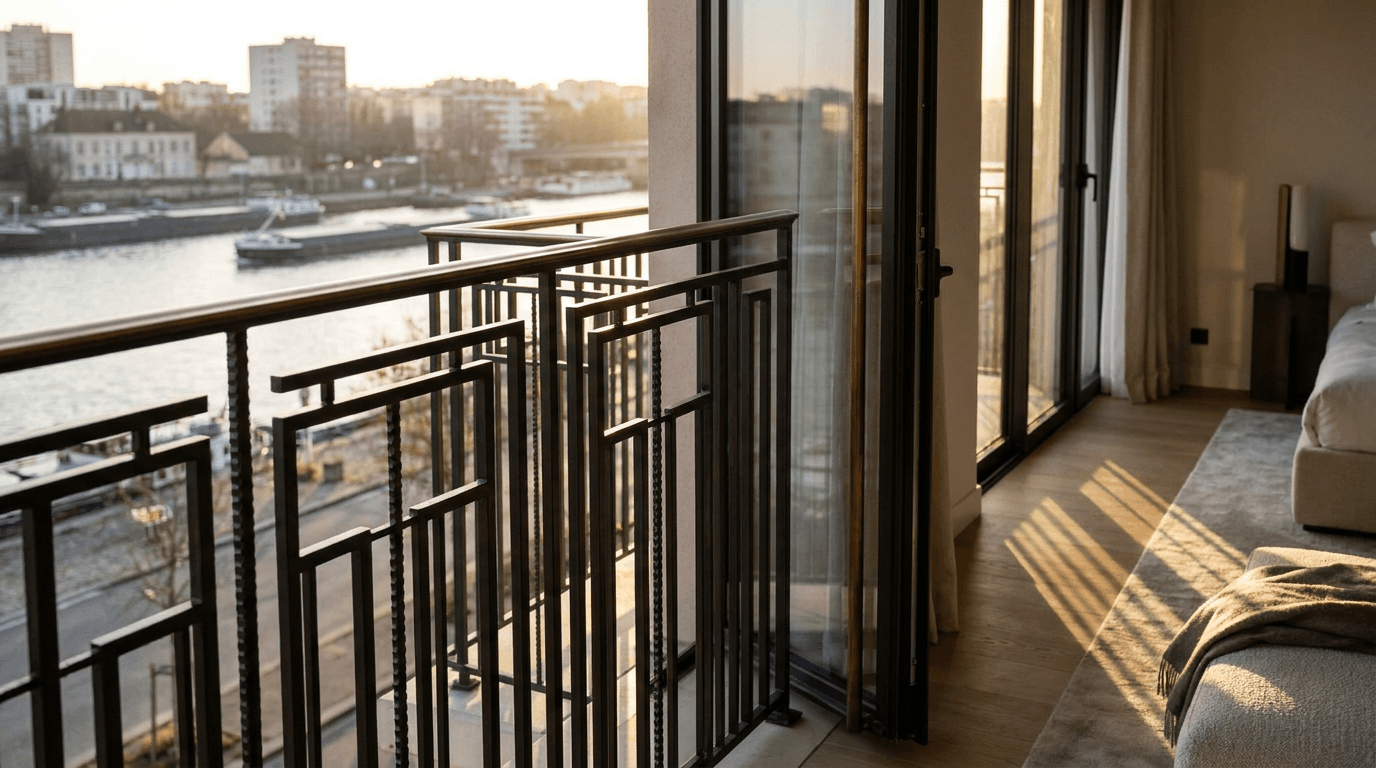Garde-corps acier S235JR T 40×40 picots + main courante laiton patine bronze — Alfortville (Val-de-Marne 94, apt bord Seine) — AZ Construction Bruyères-sur-Oise — NF P01-012