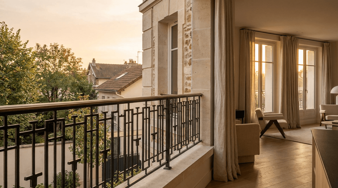 Garde-corps acier S235JR T 40×40 picots + main courante laiton patine bronze — Fontenay-sous-Bois (Val-de-Marne 94, maison rénovée) — AZ Construction Bruyères-sur-Oise — NF P01-012