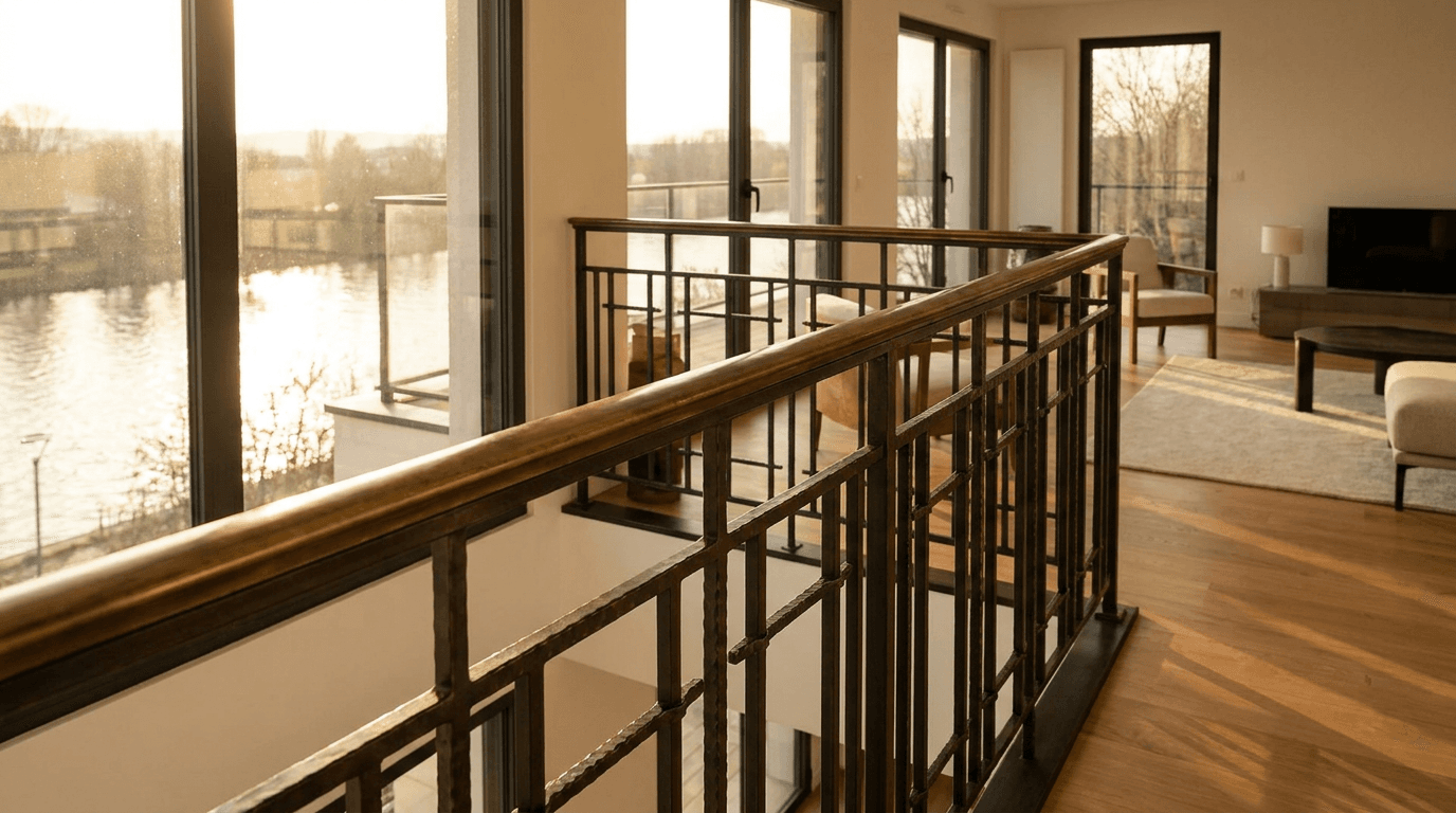 Garde-corps acier S235JR T 40×40 picots + main courante laiton patine bronze — Champigny-sur-Marne (Val-de-Marne 94, maison bord Marne) — AZ Construction Bruyères-sur-Oise — NF P01-012