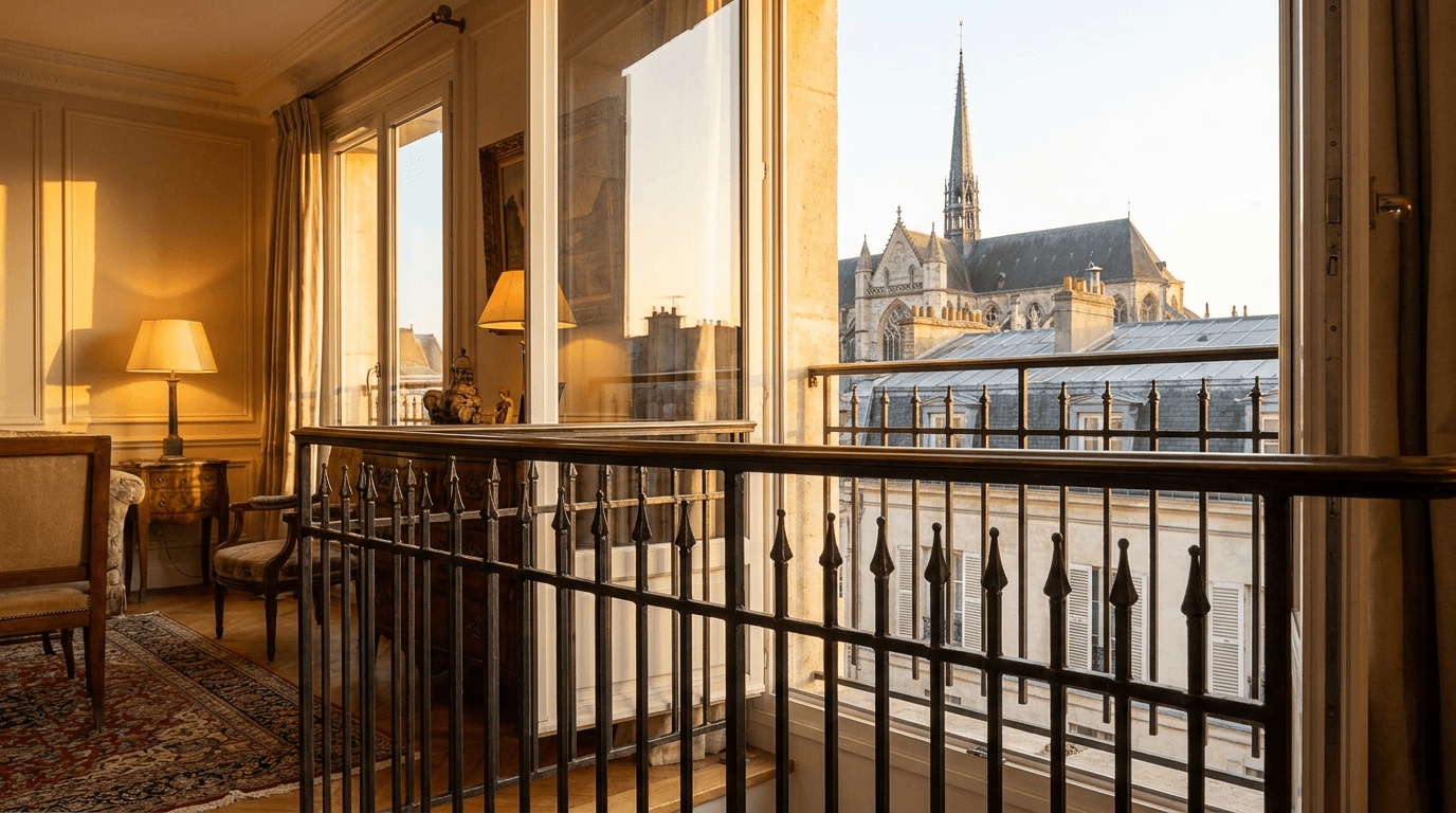 Garde-corps acier S235JR T 40×40 picots + main courante laiton patine bronze — Meaux (Seine-et-Marne 77, maison proche cathédrale) — AZ Construction Bruyères-sur-Oise — NF P01-012