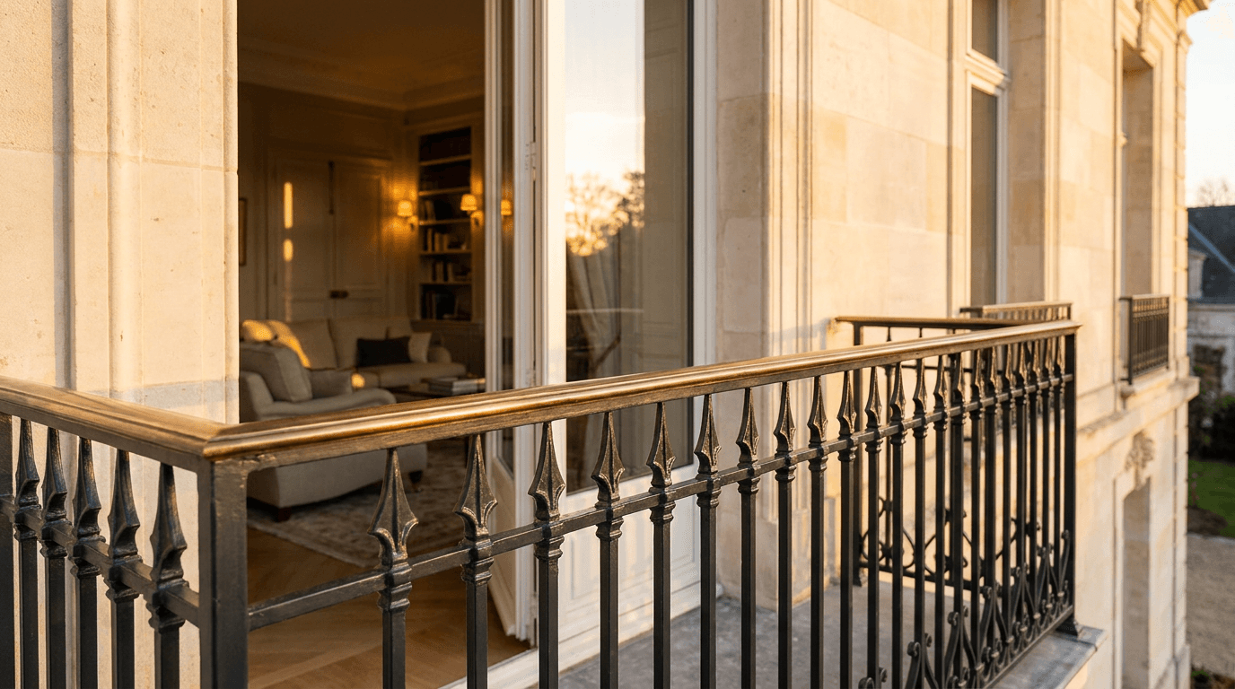 Garde-corps acier S235JR T 40×40 picots + main courante laiton patine bronze — Melun (Seine-et-Marne 77, maison préfecture) — AZ Construction Bruyères-sur-Oise — NF P01-012