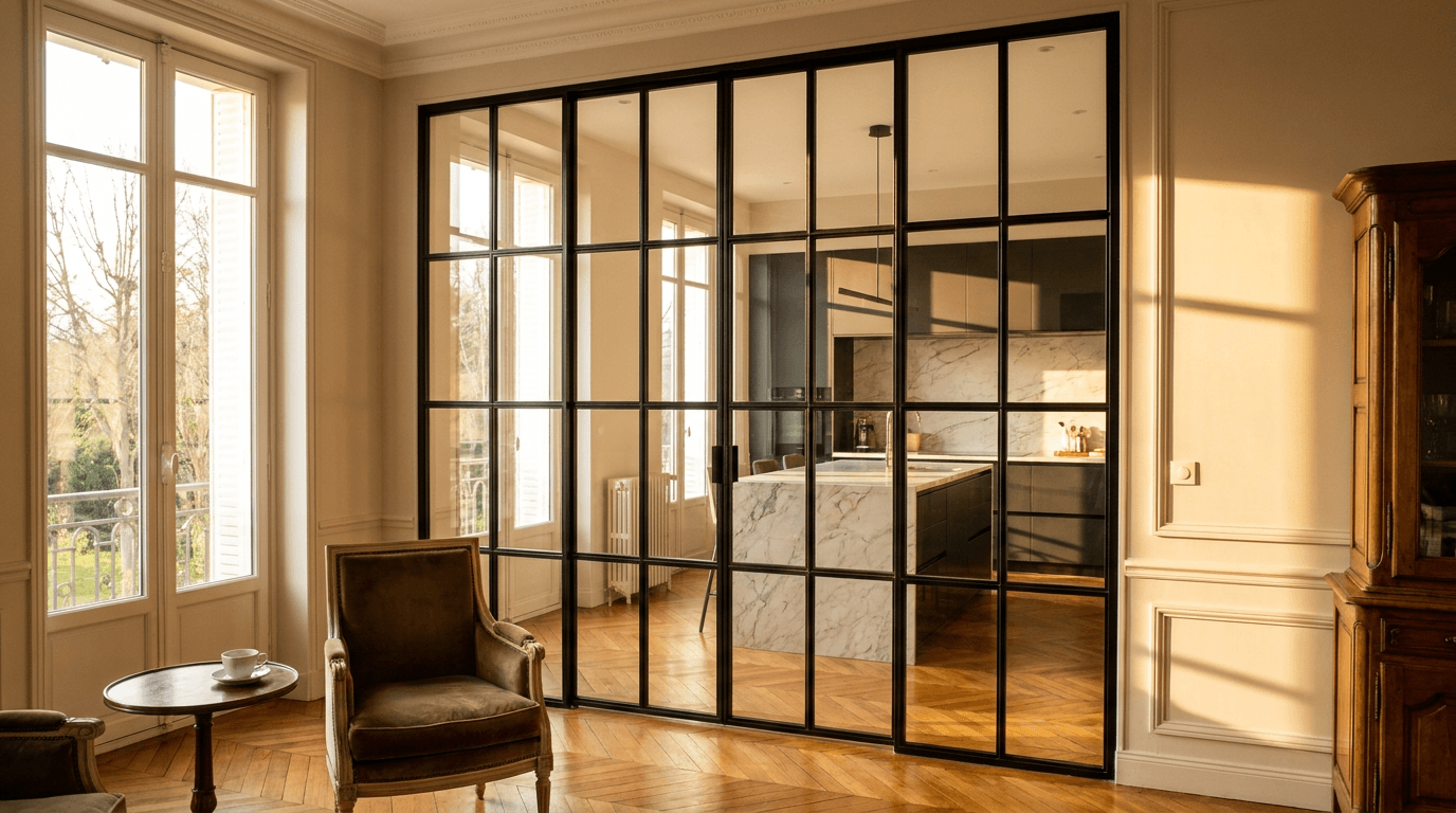 Verrière atelier acier S235JR thermolaqué noir mat RAL 9005 + verre clair trempé 6mm grille 4x6 — Brunoy (Essonne 91, Belle Époque villa) — AZ Construction Bruyères-sur-Oise — Soudure TIG niveau pro