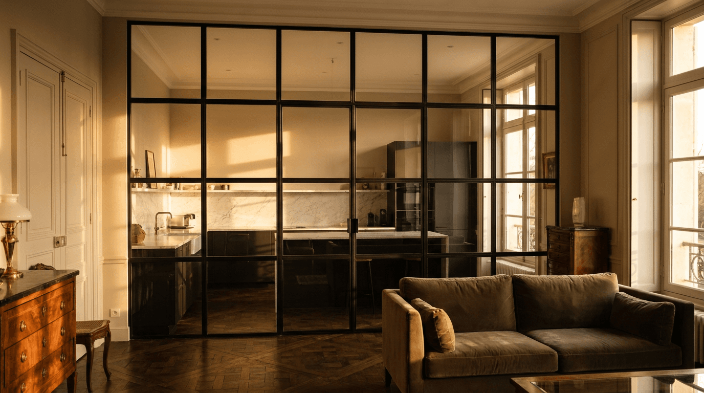Verrière atelier acier S235JR thermolaqué noir mat RAL 9005 + verre clair trempé 6mm grille 4x6 — Chantilly (Oise 60, hôtel particulier Château) — AZ Construction Bruyères-sur-Oise — Soudure TIG niveau pro