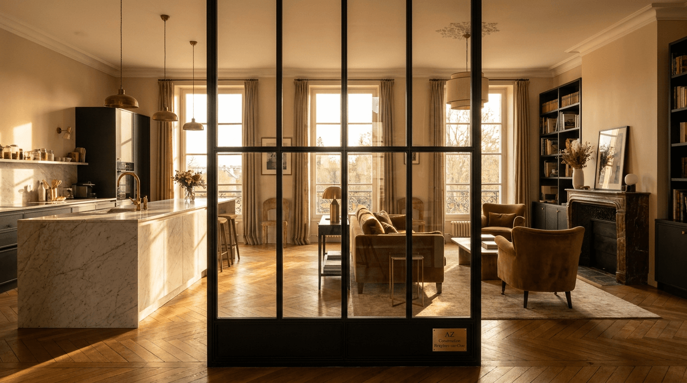Verrière atelier acier S235JR thermolaqué noir mat RAL 9005 + verre clair trempé 6mm grille 4x6 — Compiègne (Oise 60, hôtel particulier Château) — AZ Construction Bruyères-sur-Oise — Soudure TIG niveau pro