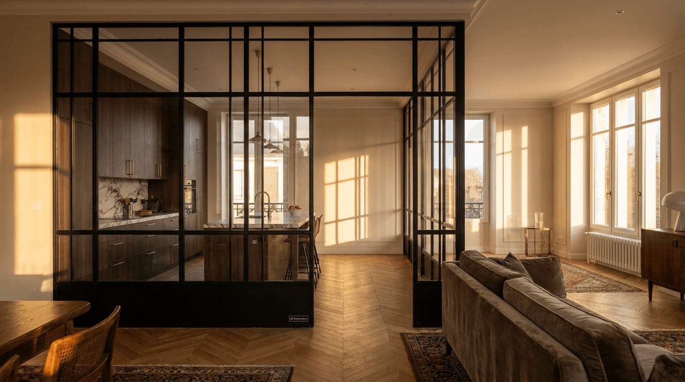 Verrière atelier acier S235JR thermolaqué noir mat RAL 9005 + verre clair trempé 6mm grille 4x6 — Beauvais (Oise 60, maison cathédrale) — AZ Construction Bruyères-sur-Oise — Soudure TIG niveau pro