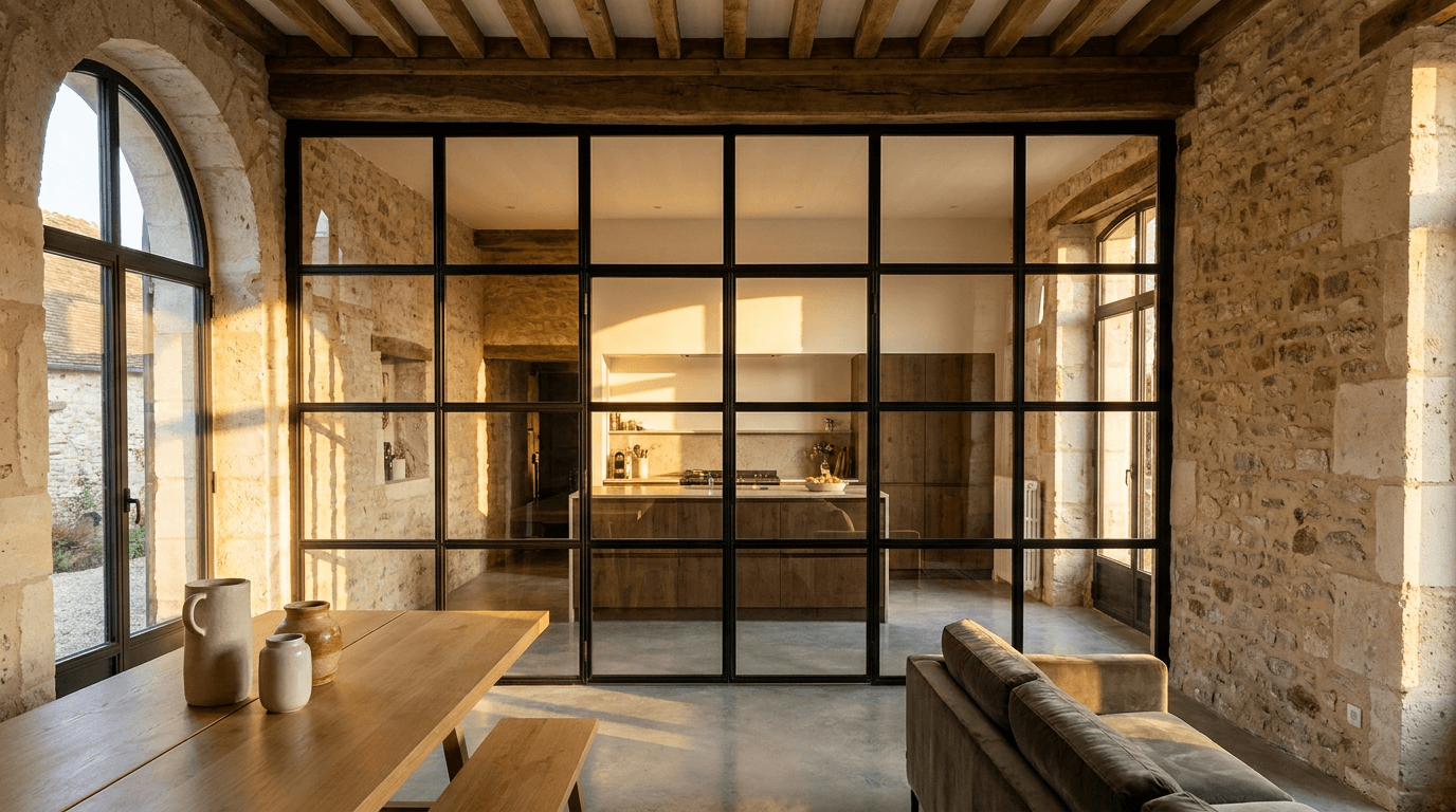 Verrière atelier acier S235JR thermolaqué noir mat RAL 9005 + verre clair trempé 6mm grille 4x6 — Senlis (Oise 60, médiéval maison) — AZ Construction Bruyères-sur-Oise — Soudure TIG niveau pro