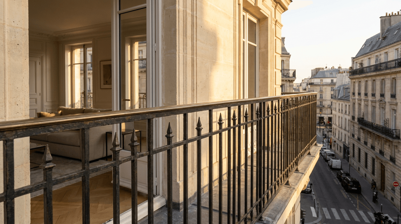 Garde-corps acier S235JR T 40×40 picots + main courante laiton patine bronze — Paris 11e arrondissement (Bastille) — AZ Construction Bruyères-sur-Oise — NF P01-012