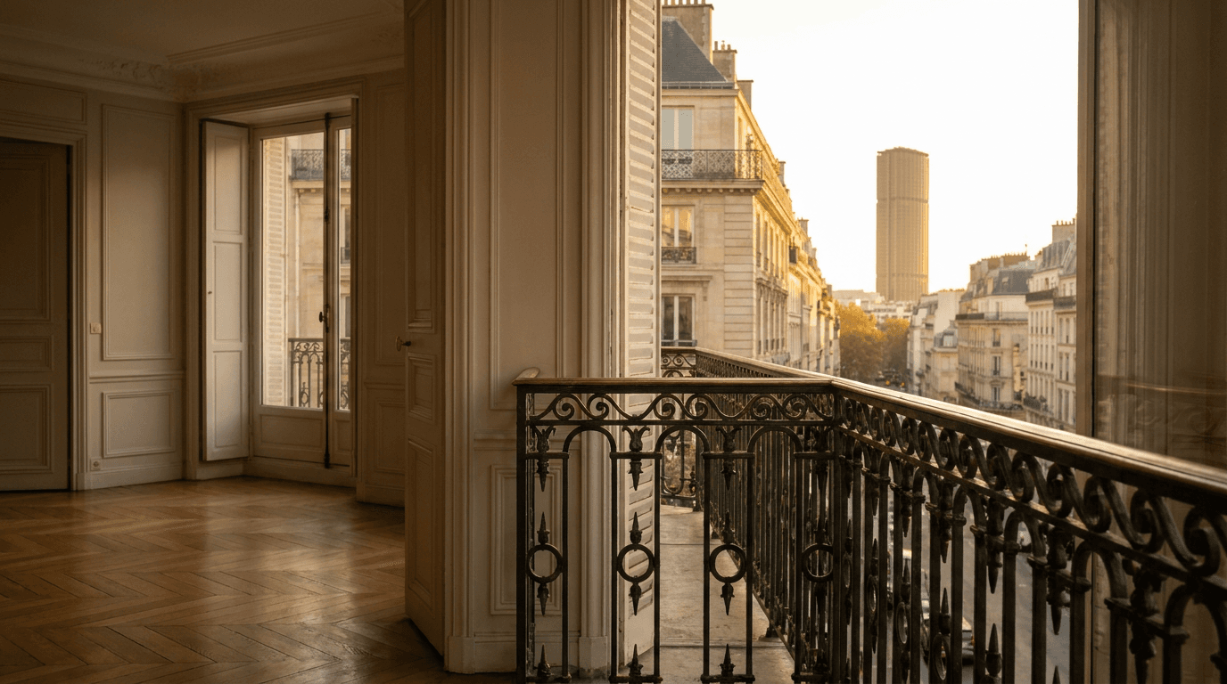 Garde-corps acier S235JR T 40×40 picots + main courante laiton patine bronze — Paris 14e arrondissement (Montparnasse) — AZ Construction Bruyères-sur-Oise — NF P01-012