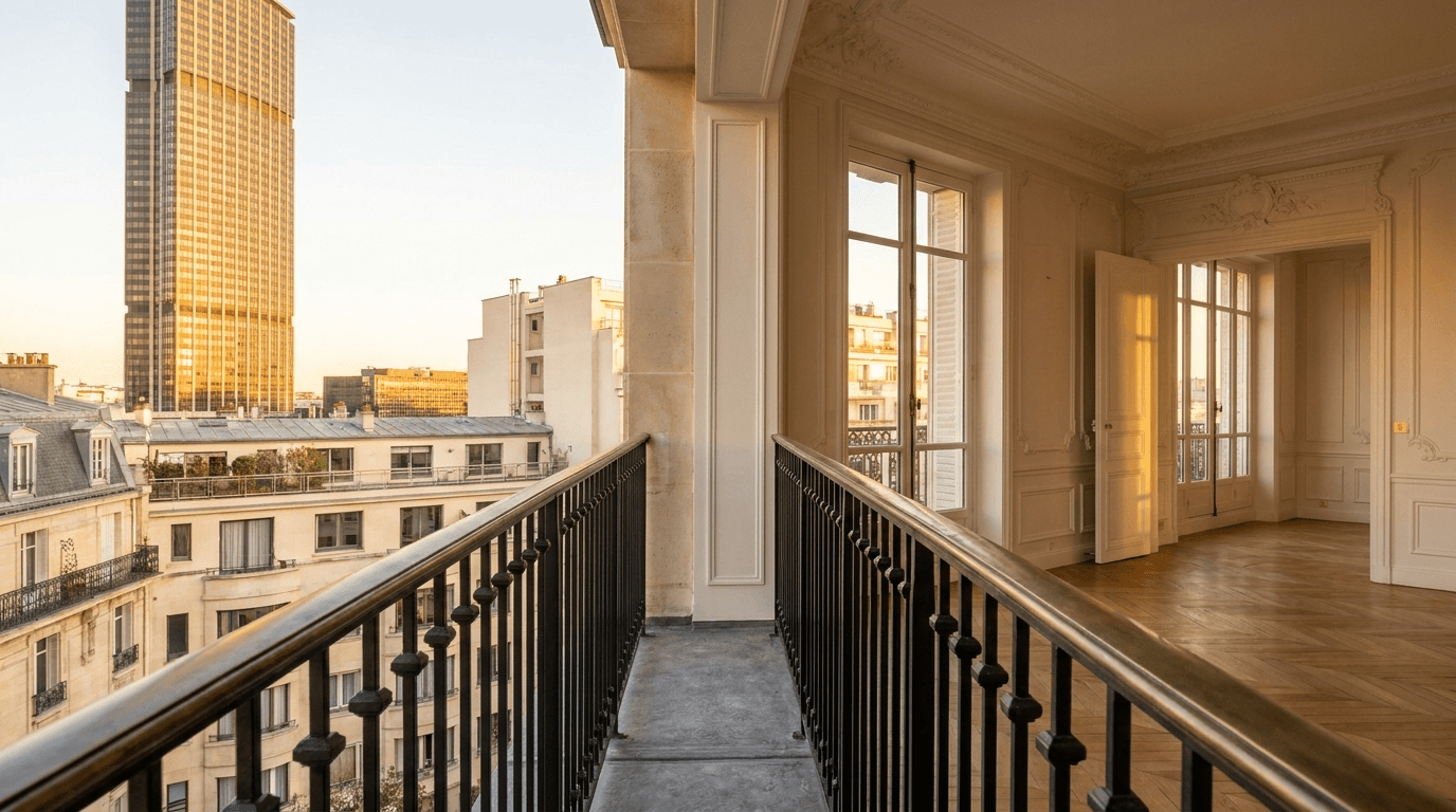 Garde-corps acier S235JR T 40×40 picots + main courante laiton patine bronze — Paris 15e arrondissement (Tour Montparnasse) — AZ Construction Bruyères-sur-Oise — NF P01-012