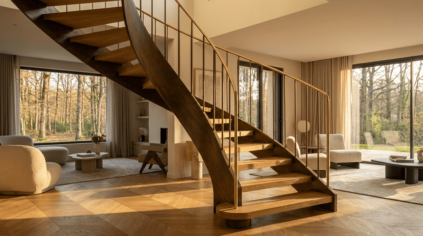 Escalier acier S235JR limon central patine bronze + marches chêne massif point de Hongrie + main courante laiton — Draveil (Essonne 91, maison forêt Sénart) — AZ Construction Bruyères-sur-Oise — DTU 36.3
